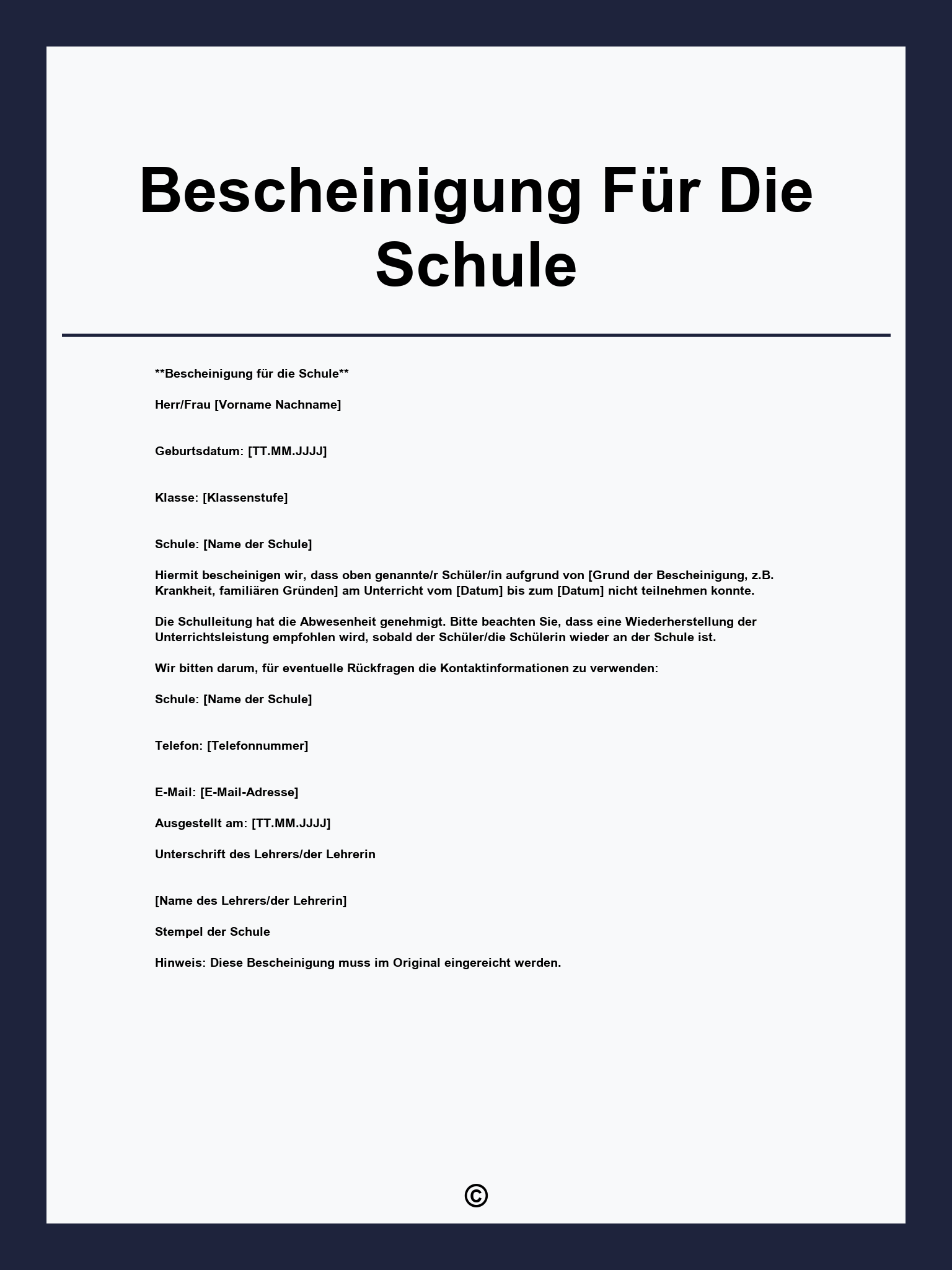 Bescheinigung Für Die Schule Muster
