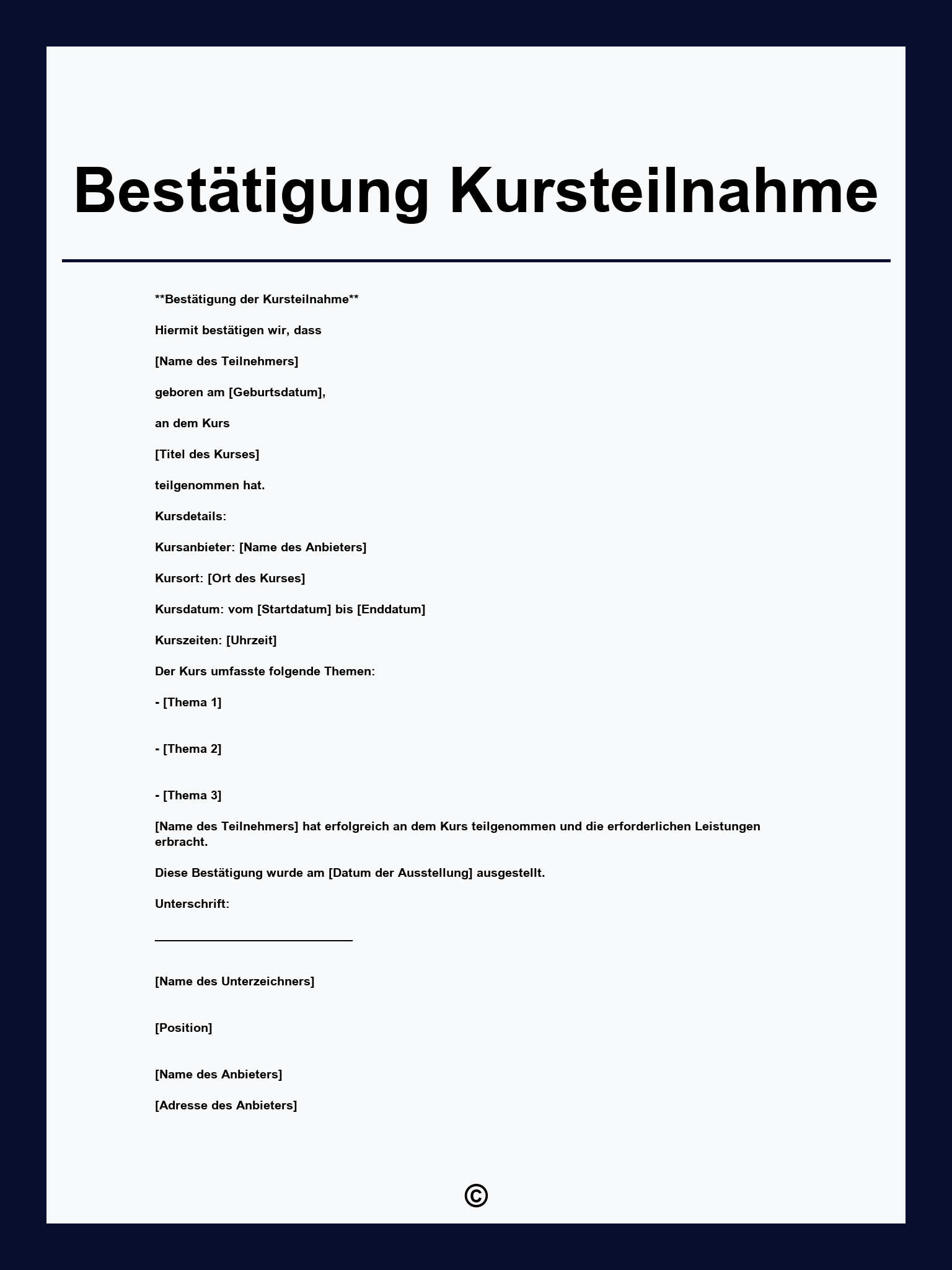 Bestätigung Kursteilnahme Vorlage
