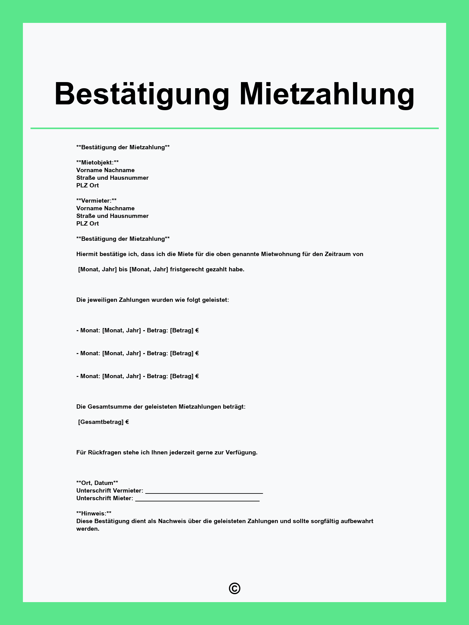 Bestätigung Mietzahlung Vorlage