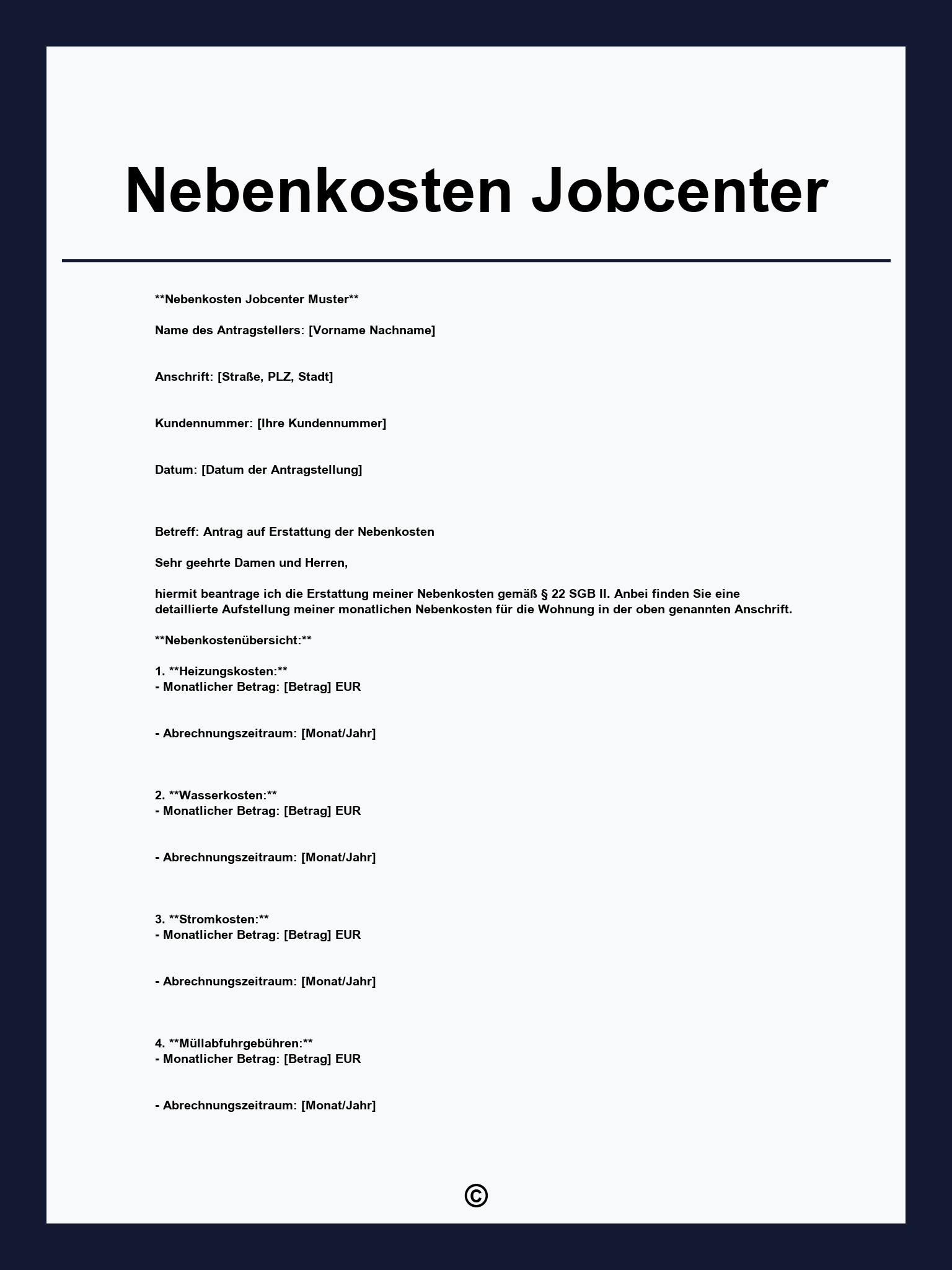 Nebenkosten Jobcenter Muster