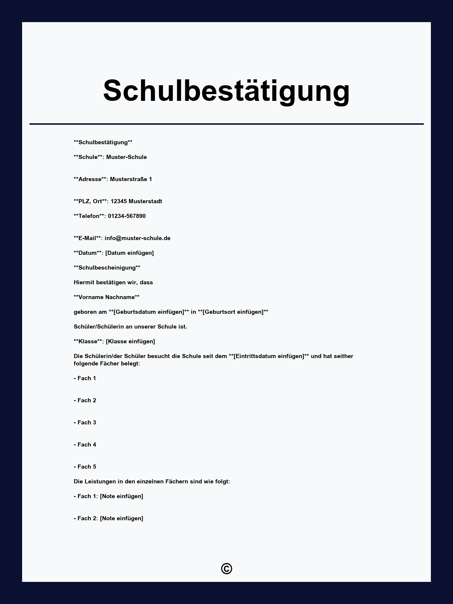 Schulbestätigung Vorlage