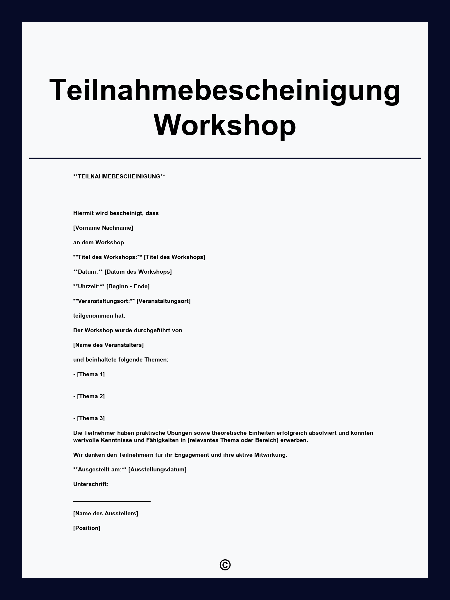 Teilnahmebescheinigung Workshop Vorlage