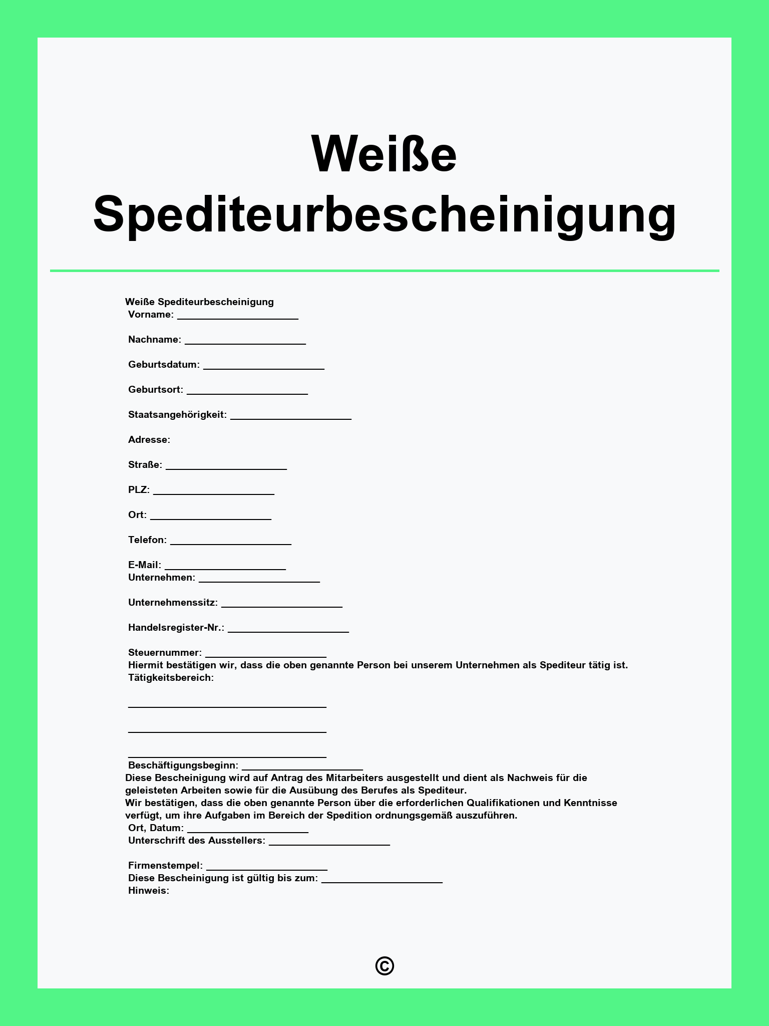 Weiße Spediteurbescheinigung Muster